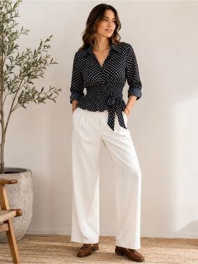 Heine M Black White Polka Dot Cotton Blouse Smocked Waist Belt Rockabilly